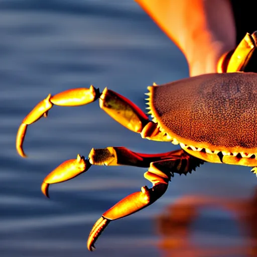 Image similar to crab ( holding a knife in its claw ) nature photography, golden hour