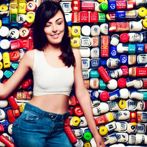 Prompt: a beautiful female model surrounded by pills and alcohol bottles