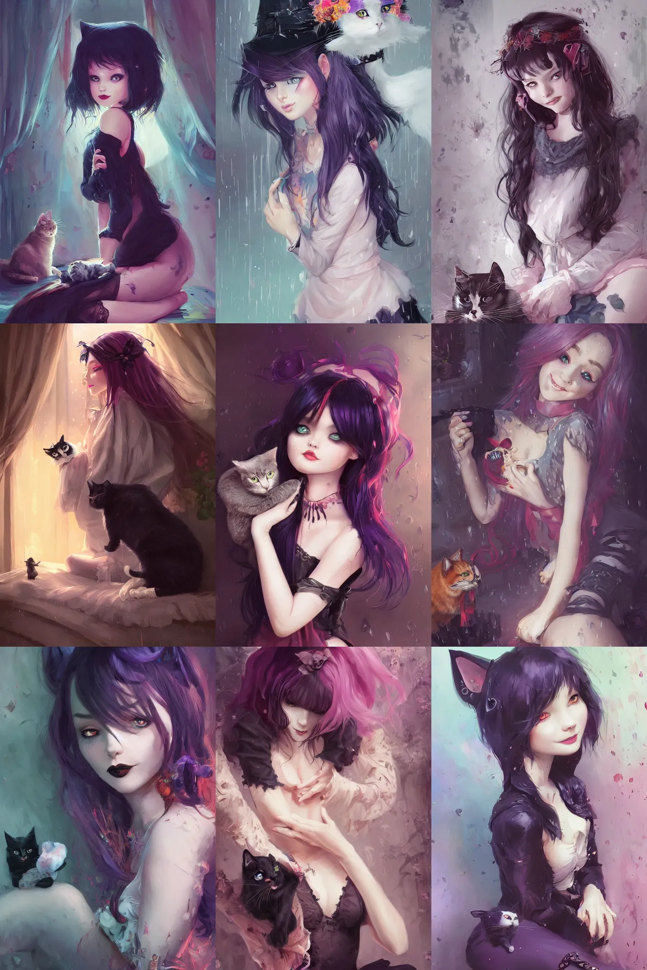 Prompt: a beautiful goth girl sitting in her bedroom petting a cat | | cute - fine - subtle smile, colorful hair, face, pretty face, raining outside, fine details by stanley artgerm lau, wlop, rossdraws, james jean, andrei riabovitchev, marc simonetti, and sakimichan, trending on artstation