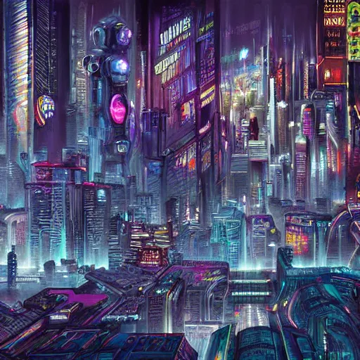 Prompt: cyberpunk cityscape, highly detailed fantasy art painting, 1 9 5 0 s style