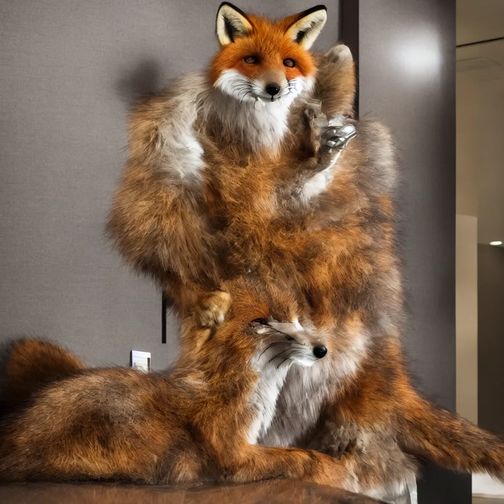 Image similar to anthropomorphic fox in suit sitting in the lobby of a futuristic hotel, anthro, furry