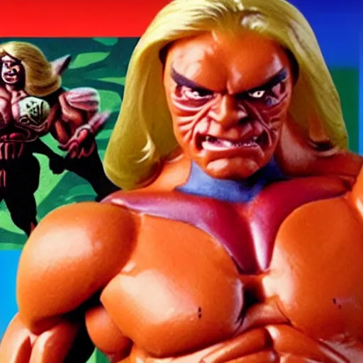 Image similar to creepy muscular he-man villain creature toy from a bad 90s commercial, distorted vhs footage