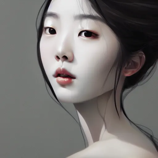 Prompt: close-up portrait of a beautiful Korean Luxurious Goddess posing dramatically in the art style of James Jean pastiche, by WLOP, rule of thirds, 4k quality