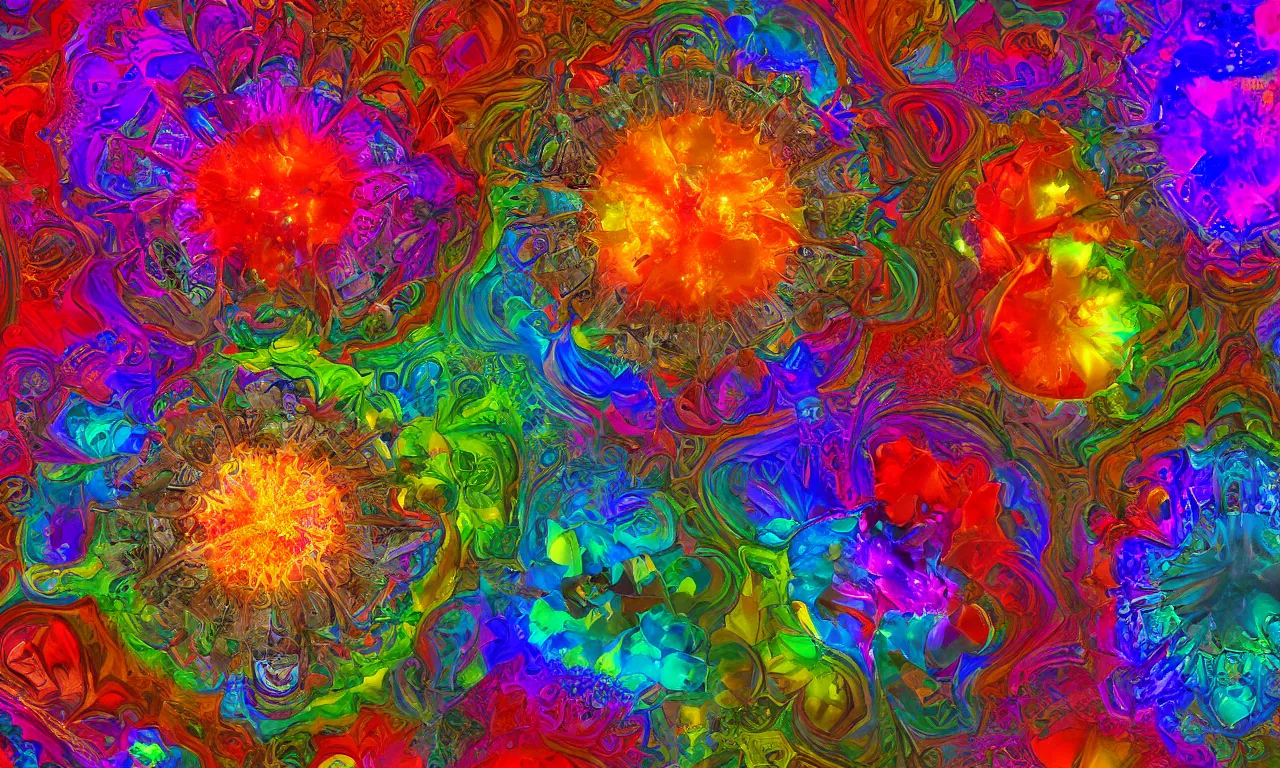 Image similar to acrylics blob voronoi engine laboratory 3 d volume kaleidoscope mandala fractal chakra digital multicolor stylized concept substance liquid nebula stone, a spectacular view cinematic rays of sunlight comic book illustration, by john kirby radiating a glowing aura global illumination ray tracing hdr depth fog overlay multiply photoshop layer