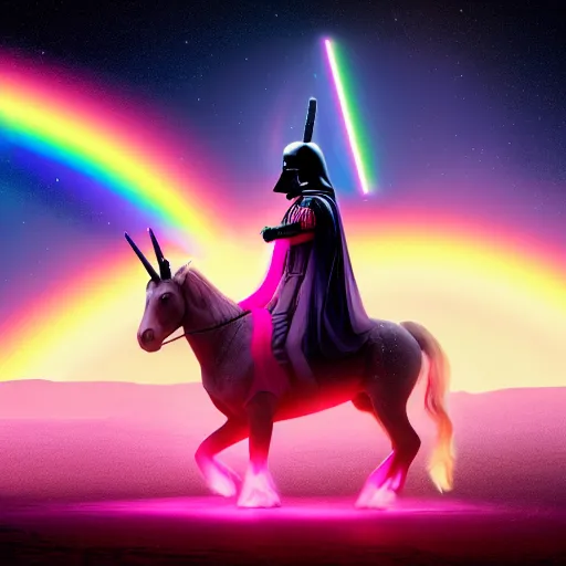 Image similar to beautiful matte painting, rainbow colored pink pink darth vader costume wearing pink wearing pink, riding a unicorn, riding a unicorn, riding a unicorn over a glittering rainbow in space by lisa frank and dan mumford, octane render, HDR, vivid color, volumetric lighting, unreal engine, concept art, CGsociety, trending on artstation