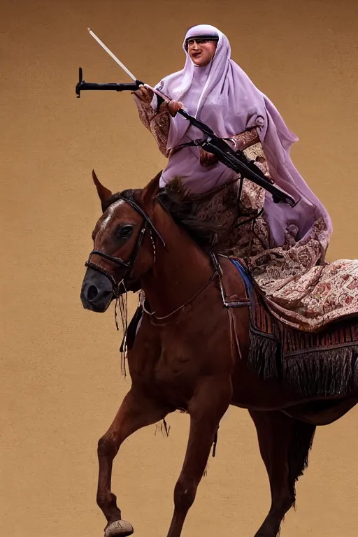 Image similar to hyperrealistic portrait from middle eastern burqa woman riding horse, with riffle in her chest, super highly detail, accurate boroque, without duplication content, white border frame, medium close up shot, justify content center, symmetrical, incrinate, cinematic, dust, award winning photos