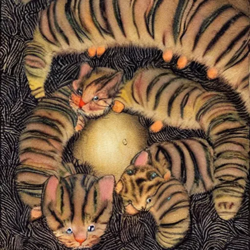 Prompt: fantasy illustration of cute, kitten-sized, tut-krogh caterpillars that spin a magic silk