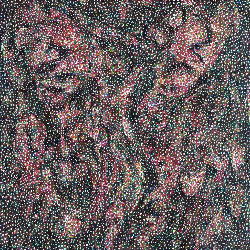 Prompt: camo made of teeth, smiling, abstract, francis bacon artwork, cryptic, dots, spots, stipple, lines, splotch, color tearing, pitch bending, faceless people, dark, ominous, eerie, hearts, minimal, points, technical, old painting, neon colors