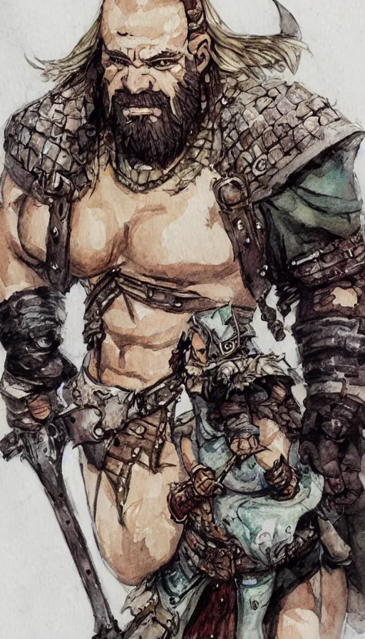 Image similar to Dwarf Barbarian, drawn by Yoji Shinkawa, water color, Dungeons and Dragons, Wizards of the Coast