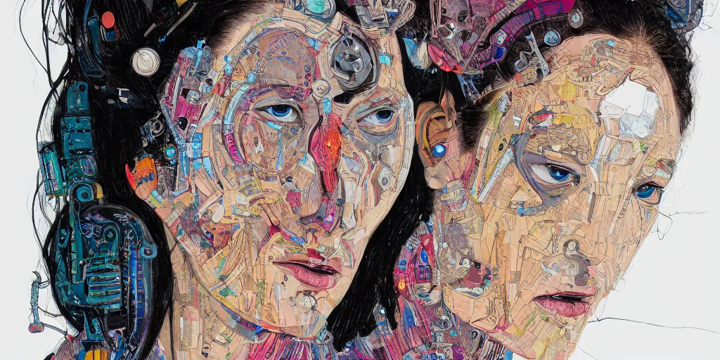 Prompt: full view portrait of cyborg woman crying, in the style of jin kagetsu and james jean, background by beatriz milhazes, highly detailed, face symmetry, masterpiece, sharp focus, realistic intricate concept art, dramatic lighting, 8 k