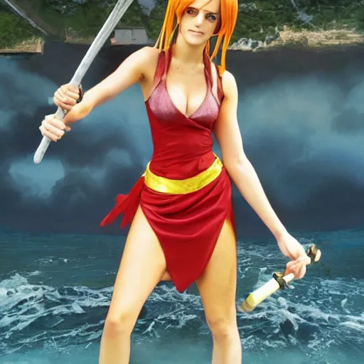 Image similar to a full body photo of emma watson as nami from one piece holding a trident in one hand, award winning photography, 50 mm, perfect faces.