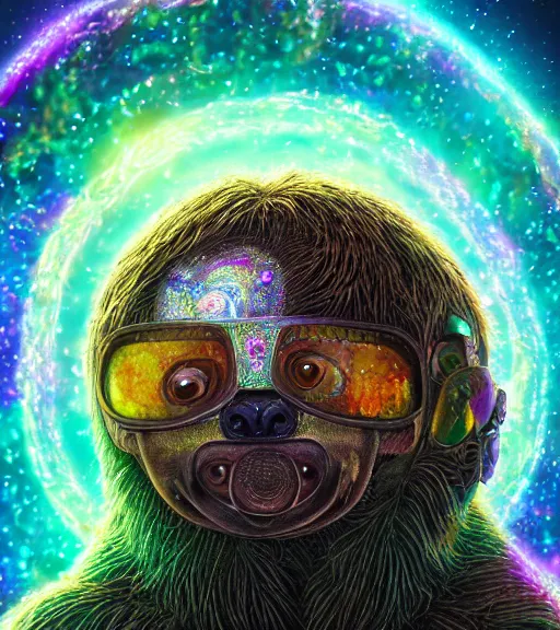 Prompt: portrait of a fantasycore glitchcore three toed sloth in a helmet. intricate abstract. intricate artwork. celestial. prismatic, by josephine wall, pixar, ghibli. octane render, CGSociety very coherent symmetrical artwork. cinematic, hyper realism, high detail, octane render, 8k, holographic accents