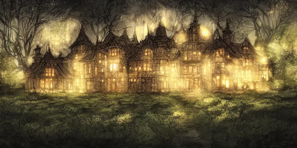 Prompt: manor in the middle of the forest, at night, no light, manga, fantasy