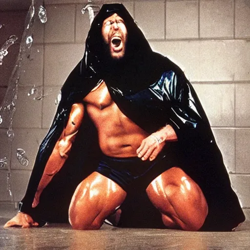 Prompt: 1 9 9 0's wwe publicity photo, a giant muscular man covered in wet reflective slime falling out of a giant cocoon hanging on the ceiling onto a cement floor, screaming in agony, group of men in black cult robes in the background, ultra - detailed, photorealistic