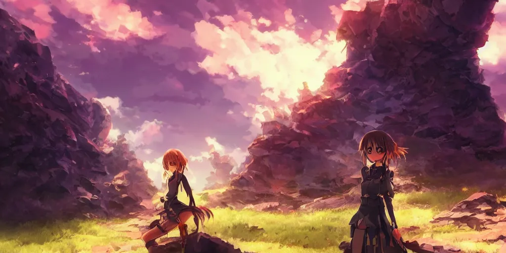 Image similar to isekai masterpiece anime girl standing tree log looking up at giant crystals, high noon, cinematic, very warm colors, intense shadows, ominous clouds, anime illustration, anime screenshot composite background by mandy jurgens, by irina french, by rachel walpole, by alyn spiller