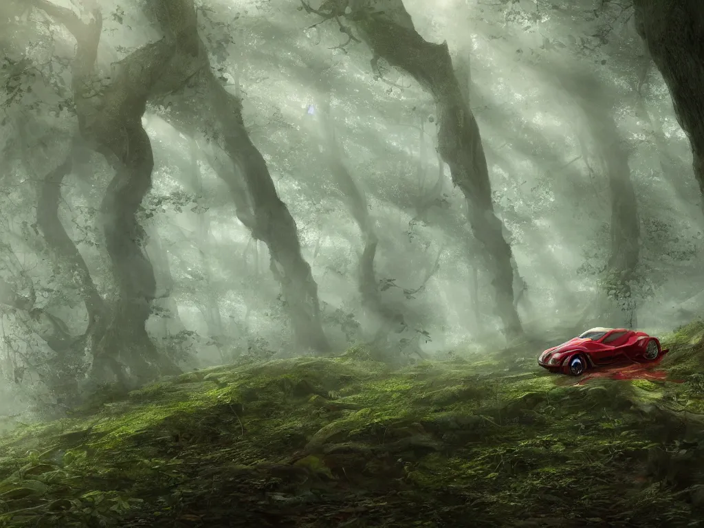 Image similar to a female beauty with red cap rides slowly through a dense misty green oak and beech forrest, rays of life, cinematic, fantasy art, moody morning light, cryengine, trending on artstation, by cynthia sheppard, by naoto hatori, by tyler jacobson, by john howe, by ridley scott, by peter jackson, by chris rahn