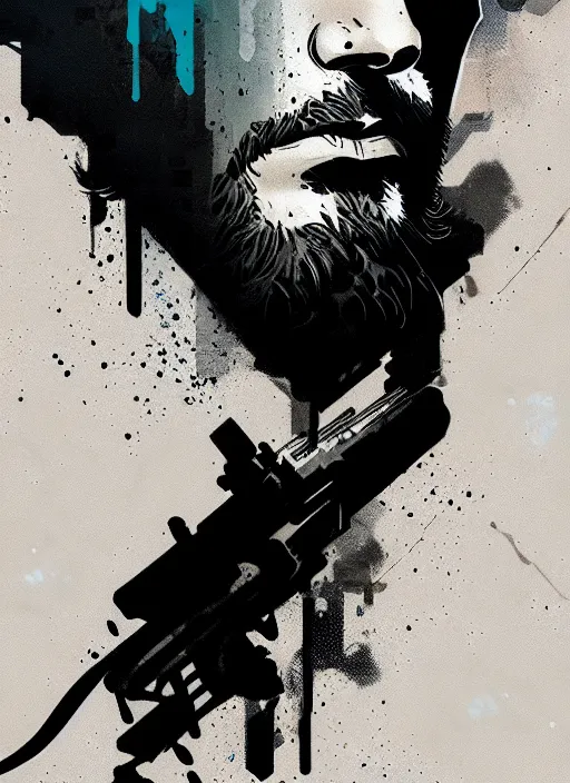 Image similar to highly detailed closeup of a moody solid snake mgs in codek by atey ghailan, by greg rutkowski, by greg tocchini, by james gilleard, by joe fenton, by kaethe butcher, by yoji shinkawa, gradient blue, black, brown and white color scheme muted tones, grunge aesthetic!!! white graffiti tag wall background