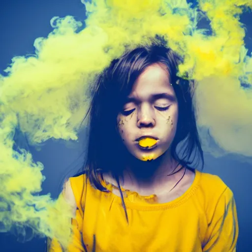 Image similar to crying girl covered by yellow and blue smoke