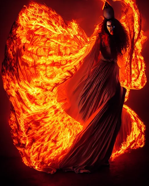 Image similar to woman wearing burning dress engulfed in large glowing flames, Alexander McQueen, Elden Ring, billowing smoke, fashion photoshoot, raymond swanland, artgerm,