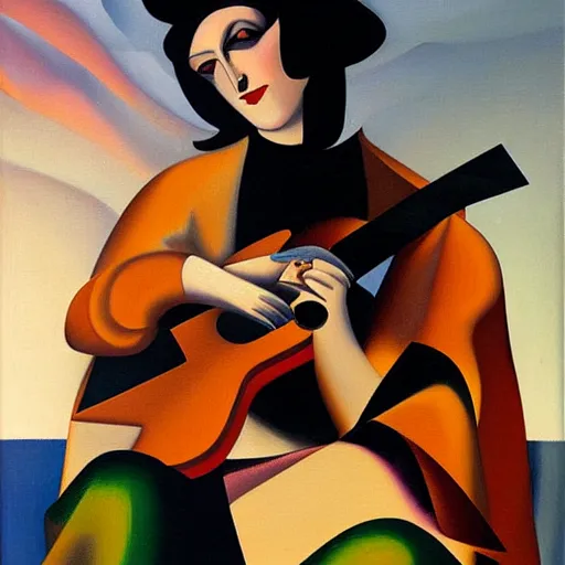 Prompt: goth girl playing electric guitar at dusk, oil painting by Tamara de Lempicka, masterpiece