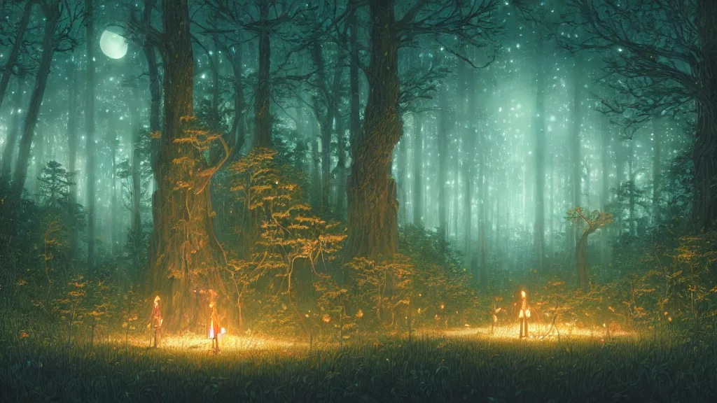 Prompt: highly detailed illustration of an old giant forest with fireflies at night by makoto shinkai, by oliver vernon, by joseph moncada, by damon soule, by manabu ikeda, by kyle hotz, by dan mumford, by otomo, 4 k resolution