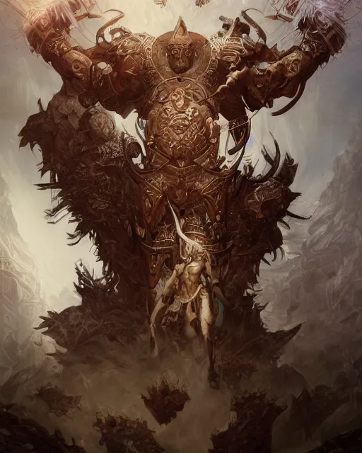 Image similar to Minotaur warrior, centered, portrait, symmetrical, Path of Exile, Diablo, Warhammer, digital painting, highly detailed, concept art, Nekro, Peter Mohrbacher, Alphonse Mucha, Brian Froud, Yoshitaka Amano, Kim Keever, Victo Ngai, James Jean