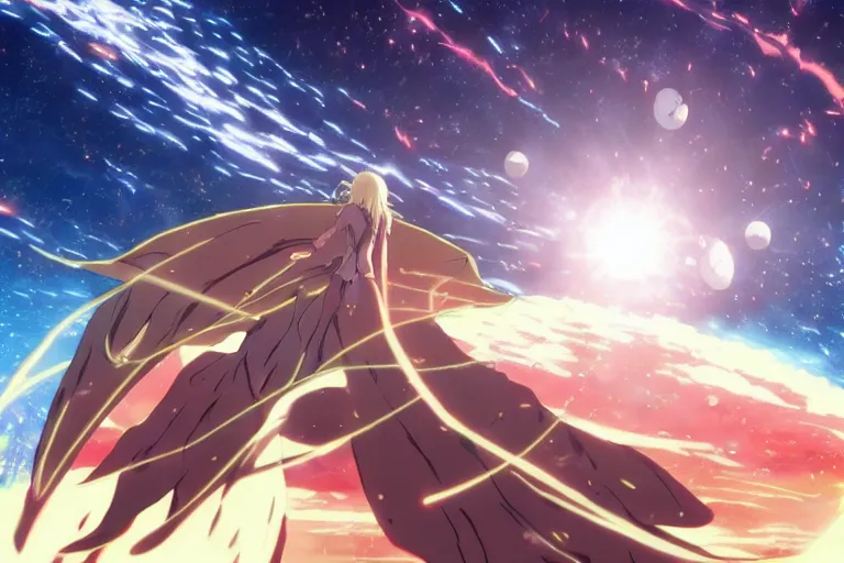 Prompt: Tonemapped Anime character splitting a gas giant in half like Moses with the Red Sea, while a pack of Space whales fly through an interdimensional rift! in the background by (Hiromu Arakawa), Makoto Shinkai and (Cain Kuga)