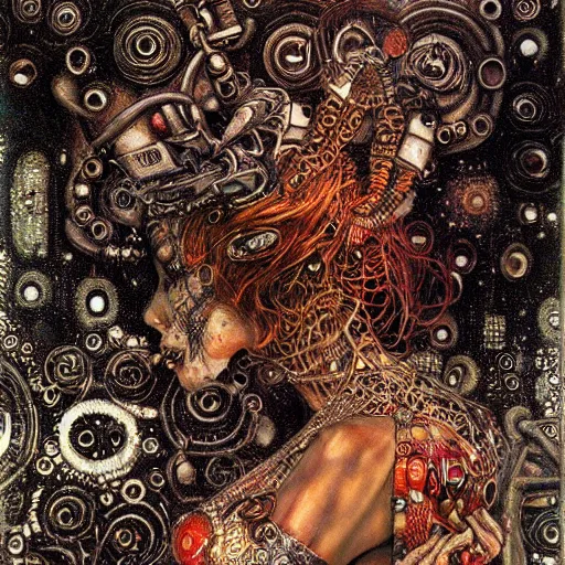 Image similar to depraved cybernetic demon, lsd, circuitry, intricate detail, klimt, royo,