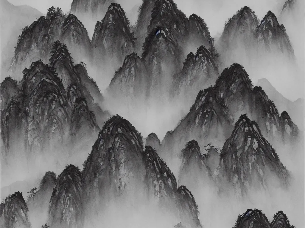 Prompt: a beautiful black watercolor painting of the mountainous landscape of huangshan with buddisht and taoist temples on hilltops on a rainy day