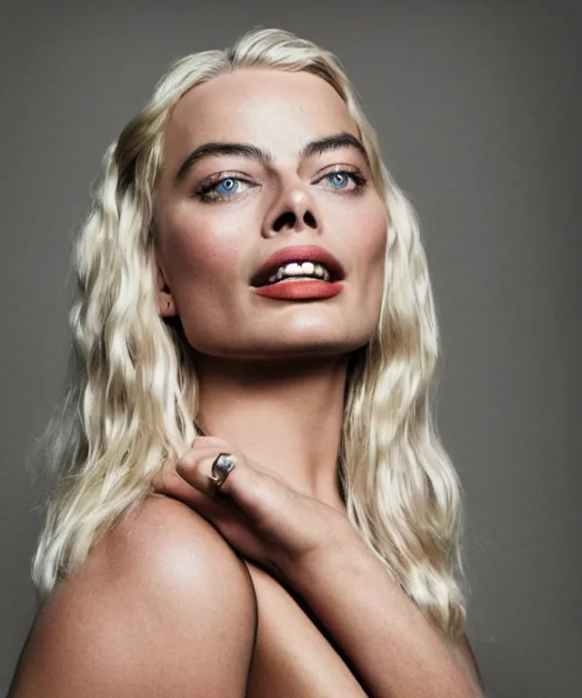 Image similar to a color photograph of margot robbie, by carrie mae weems, platinum blond, intense, bold, exaggerated, ultra sharp, extra details, ultra high quality, trending on pinteresst