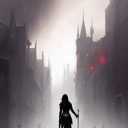 Prompt: gothic concept art by greg rutkowski, wonder woman walking down a barren street with strange creatures watching her from the buildings nearby, enigmatic atmosphere, beautiful and cinematic lighting, artstation hq.