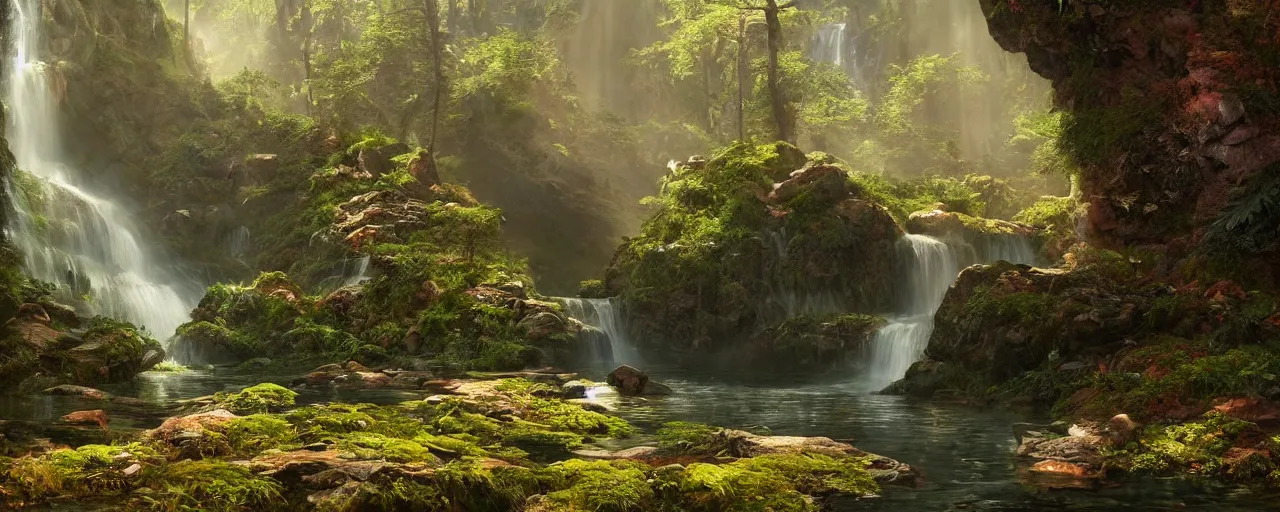 Image similar to secret waterfall in forrest, beautiful dynamic lighting, cinematic, wide angle establishing shot, extremely high detail, photo realistic, cinematic lighting, post processed, concept art, artstation, matte painting, style by frederic church, raphael lacoste, unreal engine 8 k