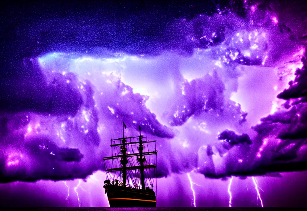 Prompt: purple color lighting storm with stormy sea, pirate ship firing its cannons trippy nebula sky with dramatic clouds 50mm shot