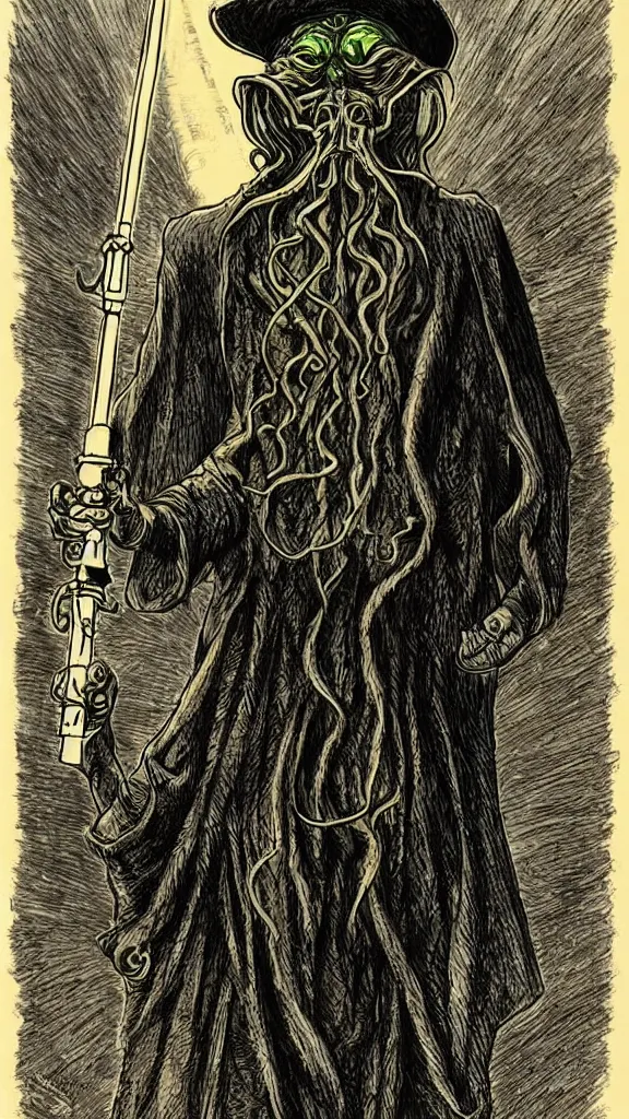 Image similar to Cthulhu wearing a Sherlock Holmes's hat and holding a lightsaber