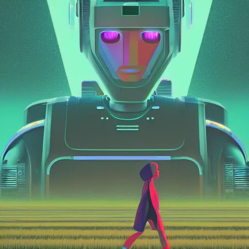 Image similar to a graph - style woman walking across a lush green field, a huge robot head in front of her, cyberpunk art by by james gilleard, cgsociety, retrofuturism, synthwave, retrowave, outrun