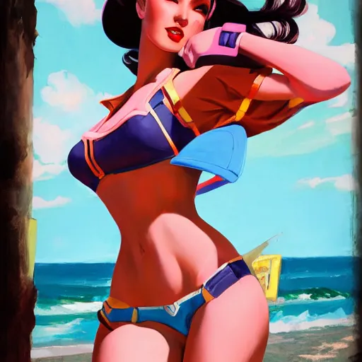 Prompt: pinup art of d. va from overwatch in a beach, artwork by greg manchess, medium shot, asymmetrical, organic painting, sunny day, matte painting, bold shapes, hard edges, street art, trending on artstation, by huang guangjian and gil elvgren and sachin teng 1 9 5 6