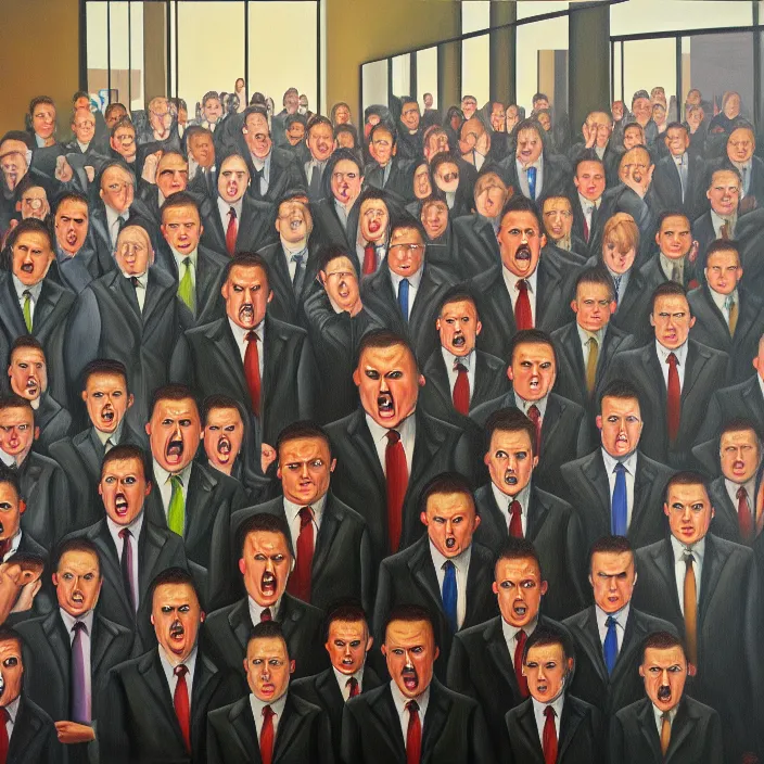 Image similar to an army of angry karens storm the manager's office, photorealism, oil on canvas, comedy, dramatic
