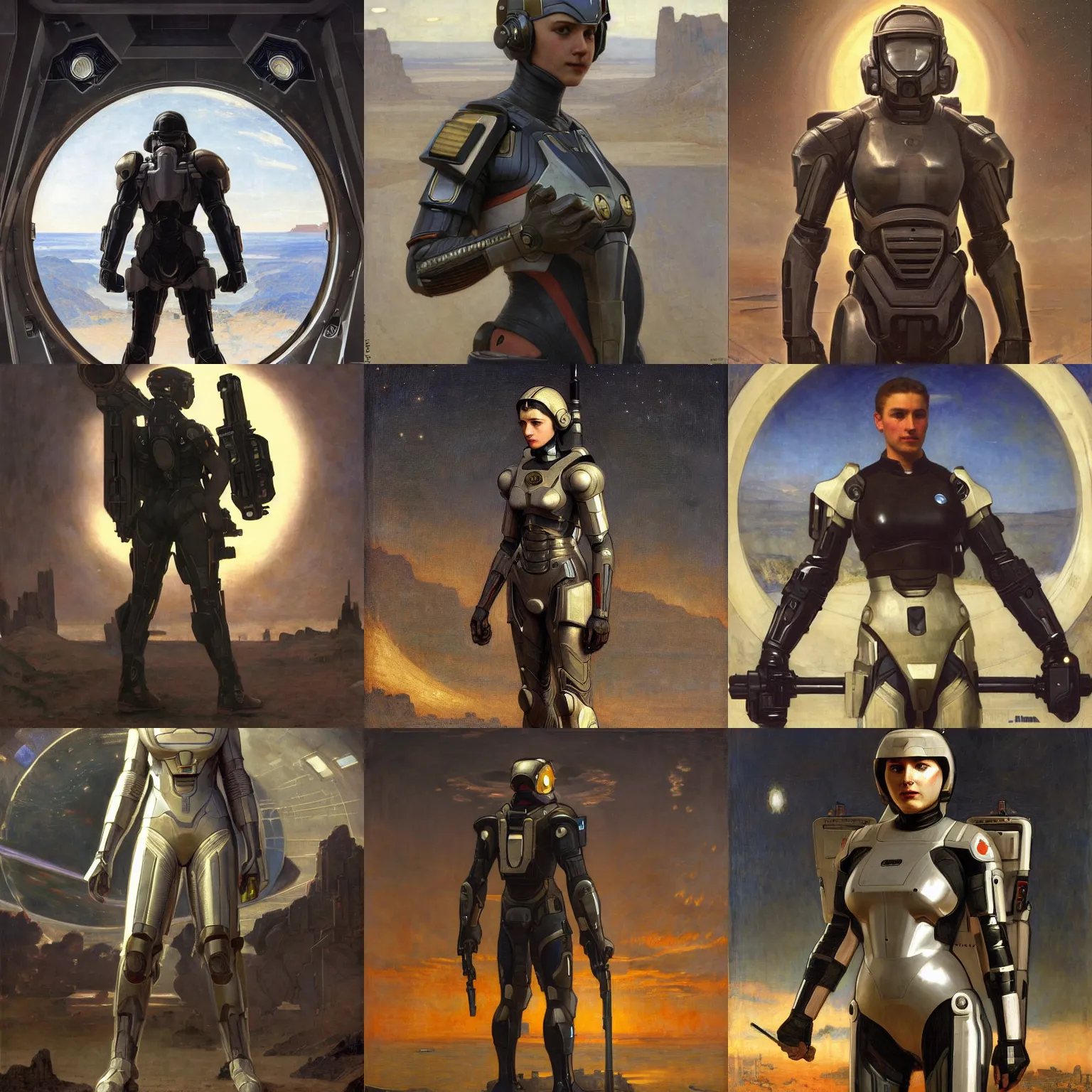 Prompt: sci-fi soldier wearing power armor standing in a spaceport intricate portrait by john william waterhouse and Edwin Longsden Long and Theodore Ralli and William-Adolphe Bouguereau, very coherent symmetrical artwork. Cinematic, hyper realism, high detail 8k