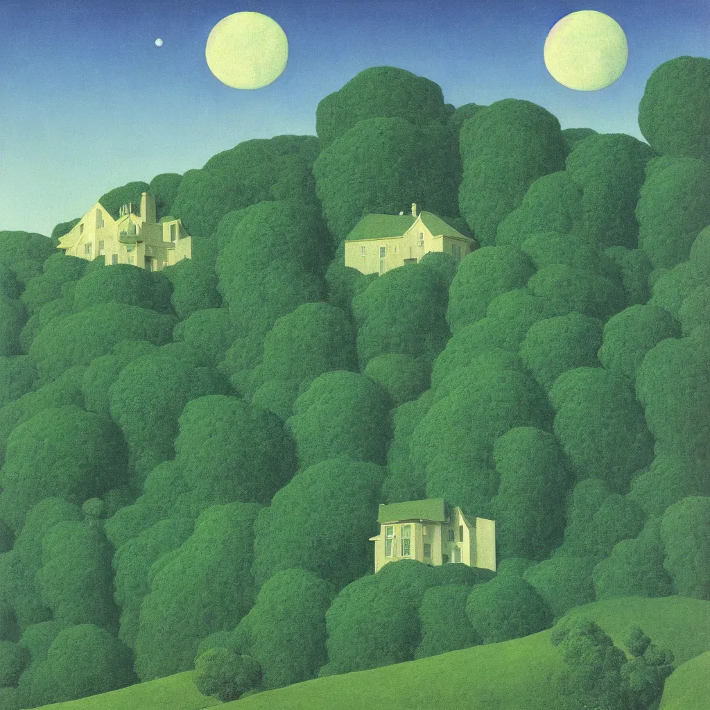 Prompt: painting of one small green house on a hill, with a forest behind it and the moon setting, by maxfield parrish, by rene magritte