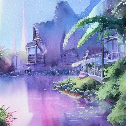 Image similar to Beautiful happy picturesque charming sci-fi town in harmony with nature. Beautiful light. Water and plants. Nice colour scheme, soft warm colour. Beautiful detailed watercolor by Lurid. (2022)