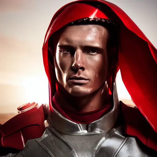 Image similar to headshot of a tall athletic muscular infantry man in glossy sleek white armor with tiny red details and a long red cape, heroic posture, strong jawline, on the surface of mars, night time, dramatic lighting, cinematic, sci-fi, hyperrealistic