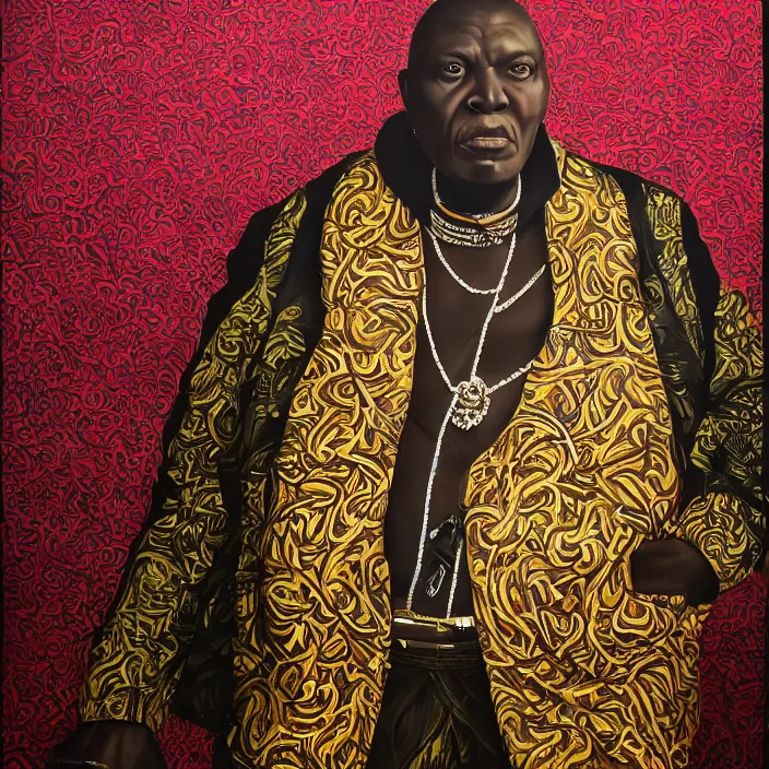 Image similar to a painting of a XXL wise elder from Kenya in a suit by Kehinde Wiley . dramatic angle, ethereal lights, details, smooth, sharp focus, illustration, realistic, cinematic, artstation, award winning, rgb , unreal engine, octane render, cinematic light, macro, depth of field, blur, red light and clouds from the back, highly detailed epic cinematic concept art CG render made in Maya, Blender and Photoshop, octane render, excellent composition, dynamic dramatic cinematic lighting, aesthetic, very inspirational, arthouse.