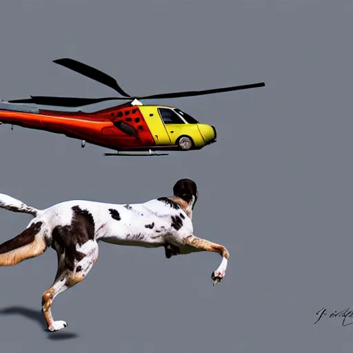 Image similar to flying dog with propeller on it's back flying like a helicopter, digital art, highly detailed