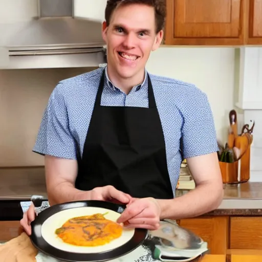 Prompt: photograph of jerma 9 8 5 wearing an apron, showing you a disgusting plate of food. 4 k