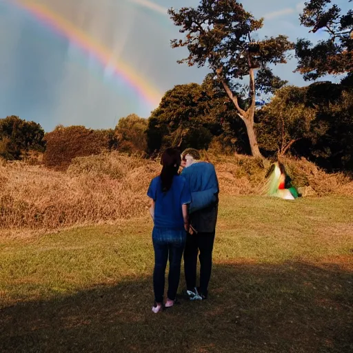 Prompt: two people joined by a rainbow emanating from their backside