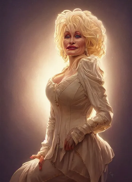 Image similar to Portrait of Dolly Parton, white glowing eyes, fantasy, extremely detailed, digital painting, artstation, concept art, smooth, sharp focus, illustration, stunning lighting, art by artgerm and greg rutkowski and alphonse mucha and simon stalenhag, realistic character concept, high fantasy, light atmosphere, golden ratio, cinematic lighting, hyperdetailed, high resolution, insanely detailed and intricate, artstation, Marc Simonetti, Greg Rutkowski, 8k