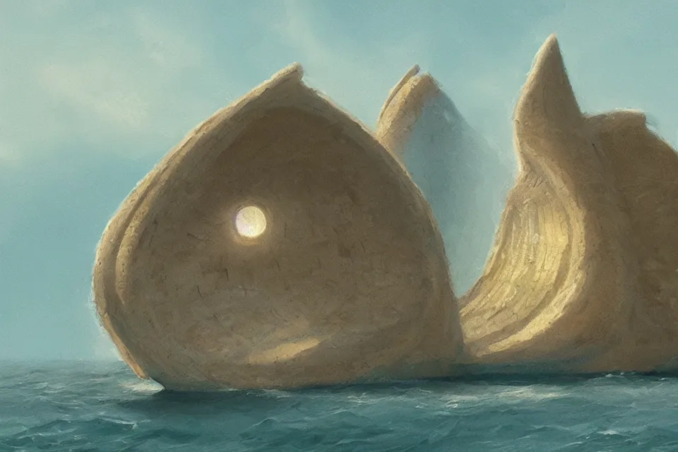 Prompt: giant seashell shaped house where a fisherman, in the style of john harris and moebius