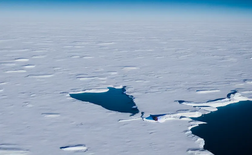 Prompt: a blimp, flying over antartica