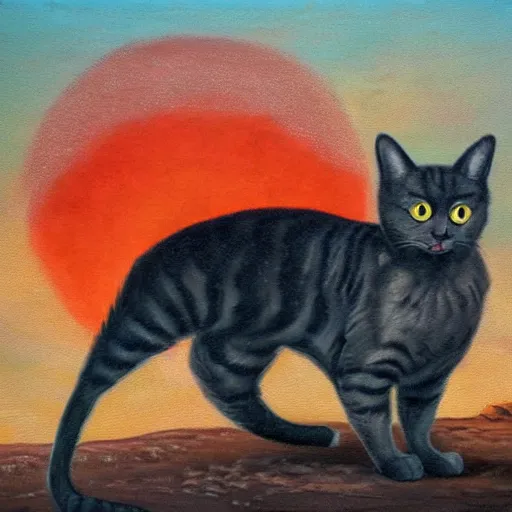 Prompt: oil painting of a cat observing the end of the world, aftermath of nukes, wasteland of a city, red tinted hue