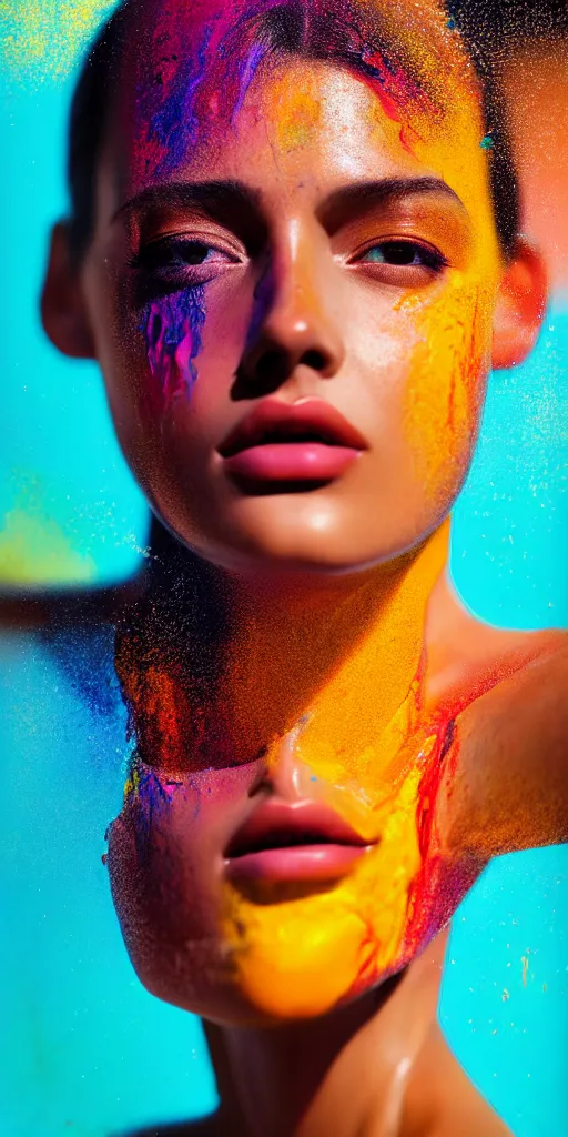 Image similar to photo half body portrait of very beautiful woman, face emerging from pool of colorful oils, brown skin, realism, extreme detail, real life, key art, soft light, volumetric light, 3 - d shadows, photo by james jean and wlop, photoshoot